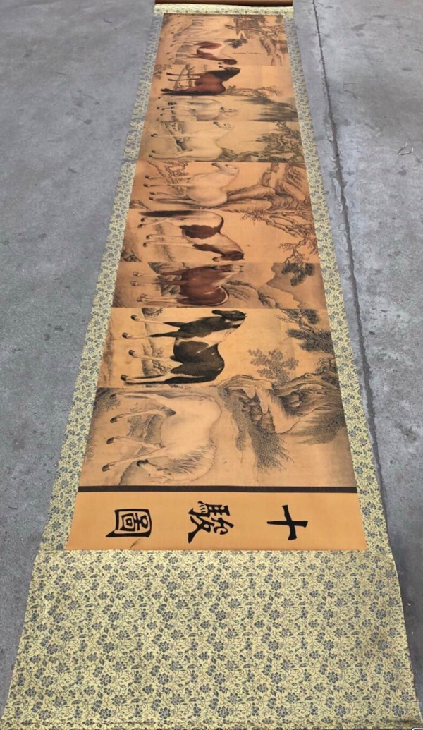 新品上架超低捡漏宣纸长卷画中堂挂画十骏图