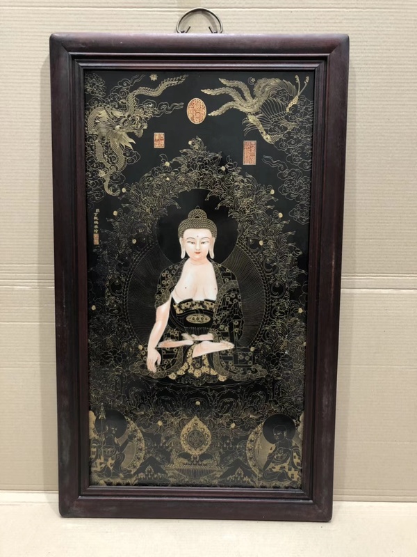 丁观鹏作品红木镶瓷板画掐丝唐卡,高9真假_图片_价格_评级-其它-爱藏