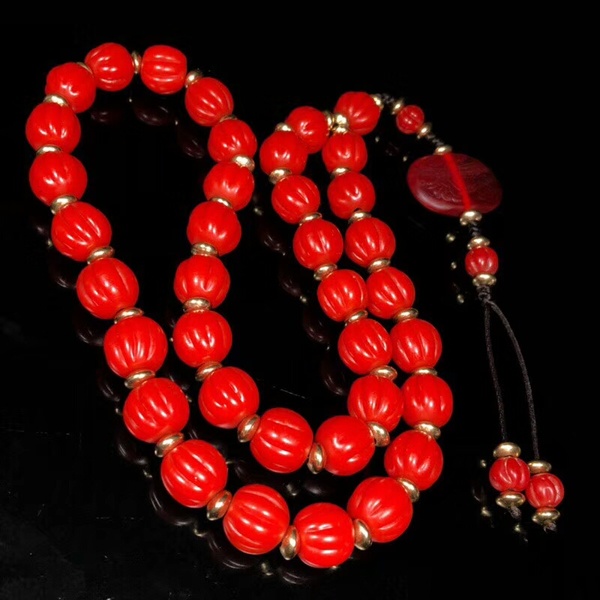 清晚期雪巴红老琉璃佛珠念珠尺寸14毫米36颗历