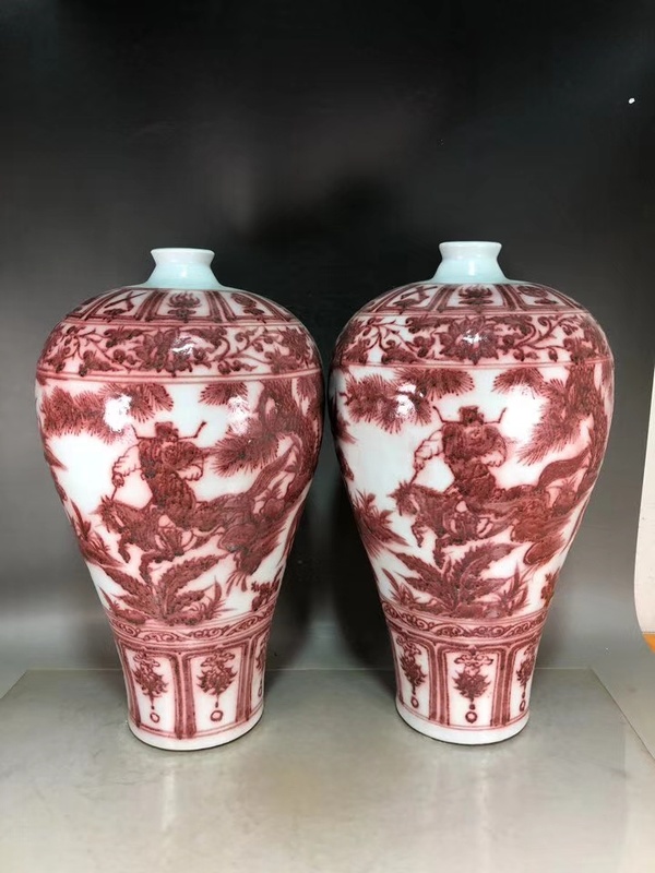 元代釉里红萧何追韩信梅瓶一对品相尺寸如图所有