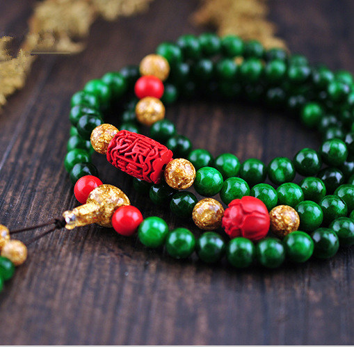 缅甸玉干青铁龙生8mm108颗佛珠手链搭配朱砂财源