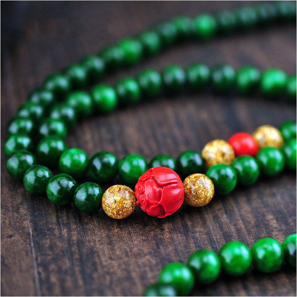 缅甸玉干青铁龙生8mm108颗佛珠手链搭配朱砂财源