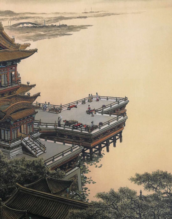 【江楼夜月图】老卷轴中堂挂画一副,喜欢的不要错过哦