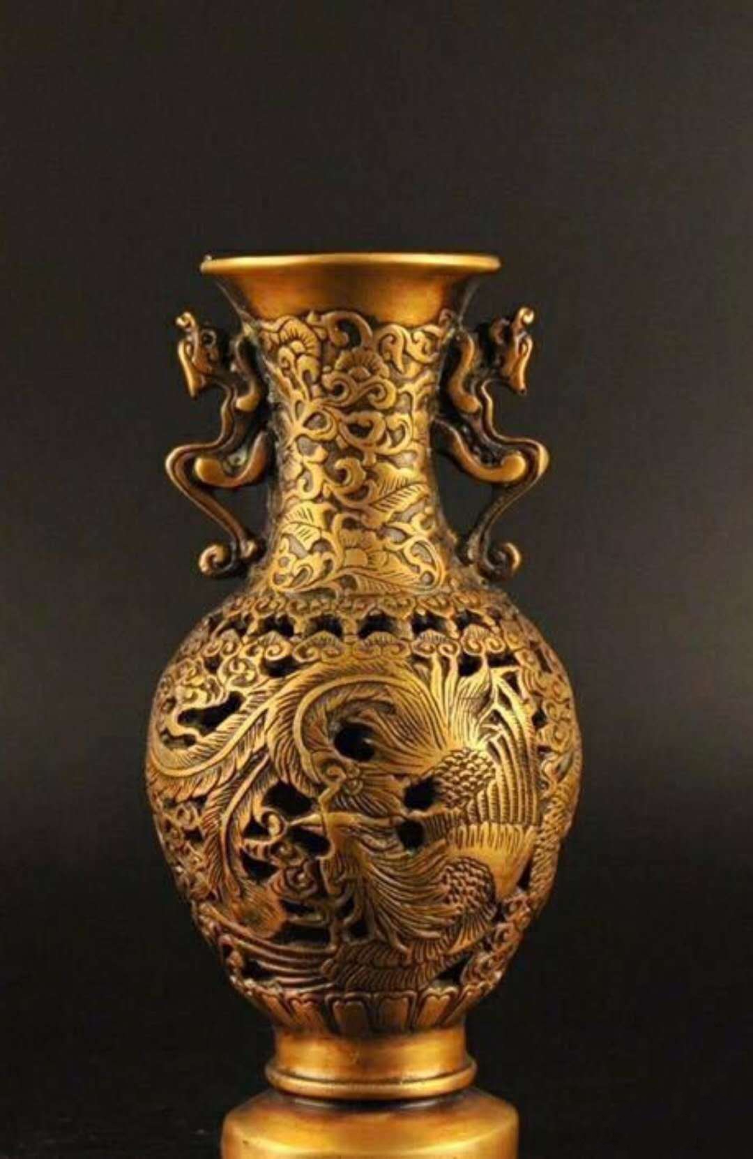 古玩老铜龙凤呈祥对瓶精工,尺