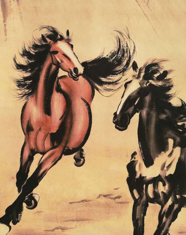 徐悲鸿双马老卷轴中堂挂画一副喜欢的不要错过哦