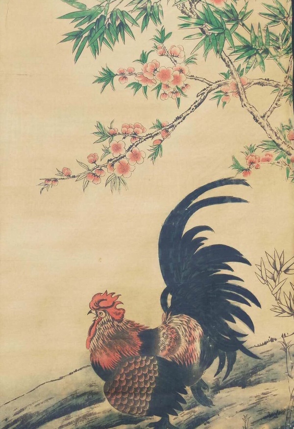 精品放漏齐白石金鸡报晓老卷轴中堂挂画一副