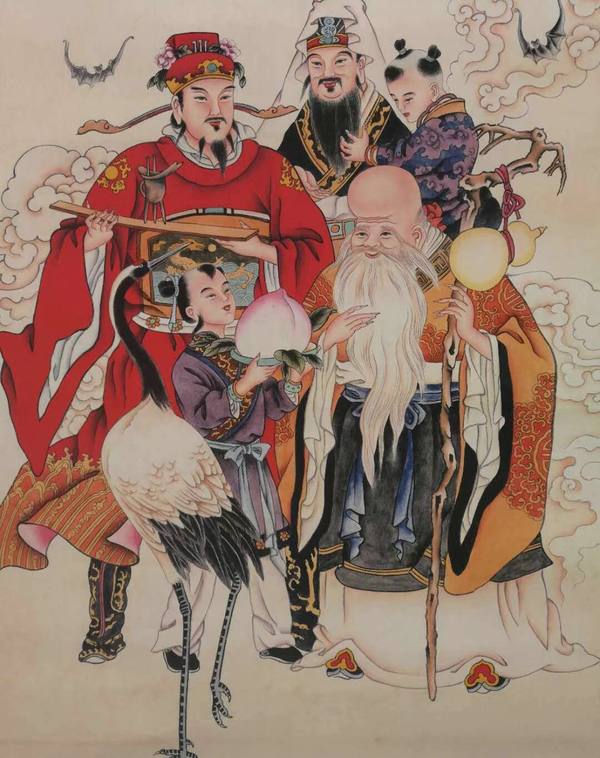 三星共照老卷轴中堂挂画一副喜欢的不要错过