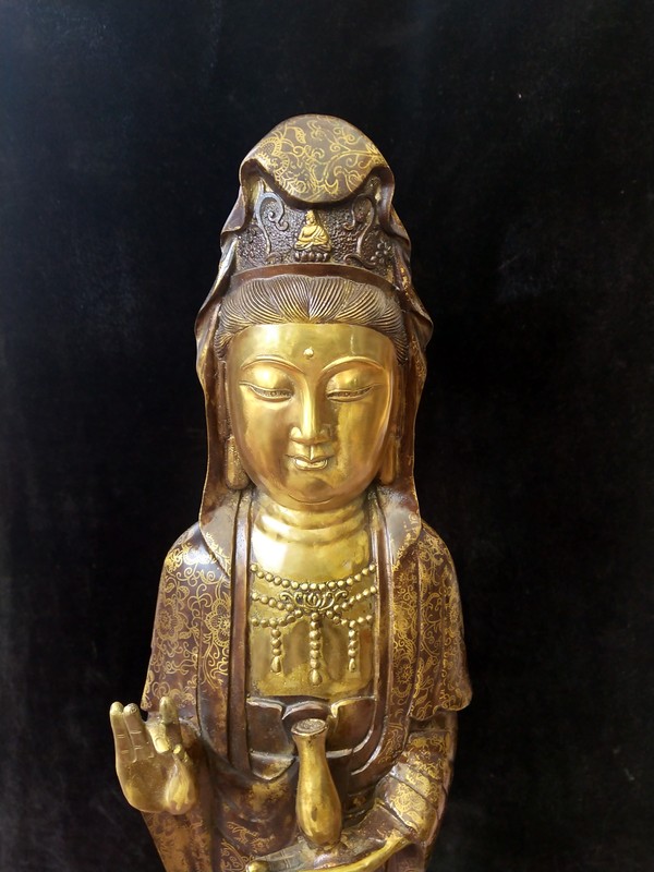 铜制鎏金观音菩萨站像一尊,尺寸高8真假_图片_价格_评级-工艺作品-爱