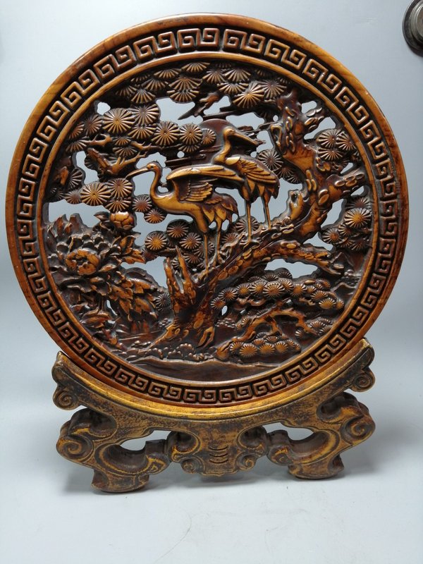 黄杨木镂空松鹤延年木雕屏风雕工精湛品相尺寸