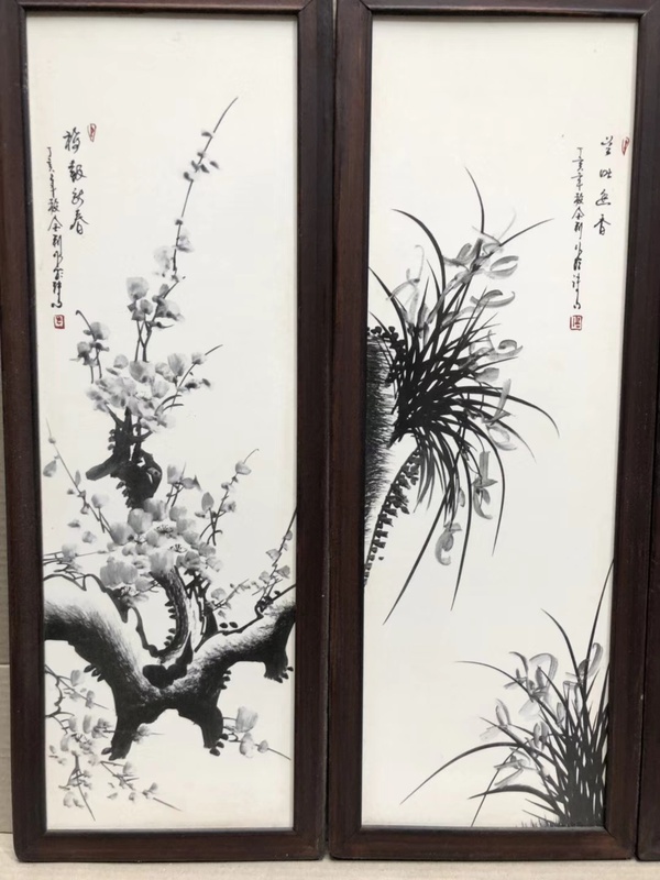 刘雨岑作品红木镶瓷板画墨彩梅兰竹菊高63cm