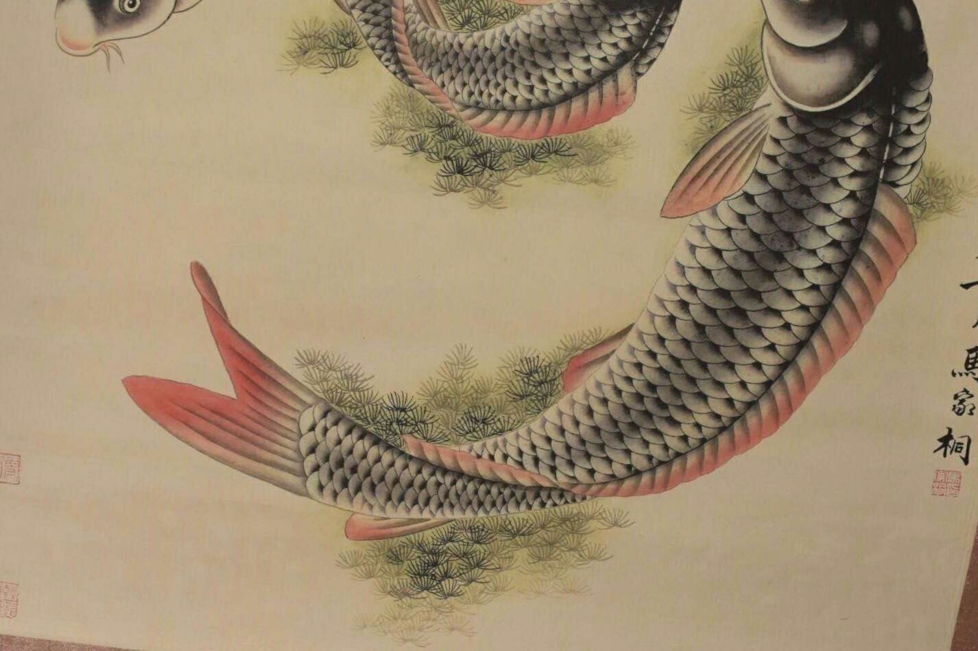 马家桐【九鱼图】老卷轴中堂挂画