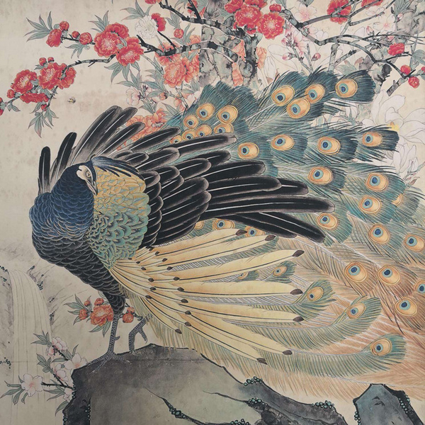 喻继高款作品【孔雀桃花开】宣纸临摹卷轴字画一幅画工