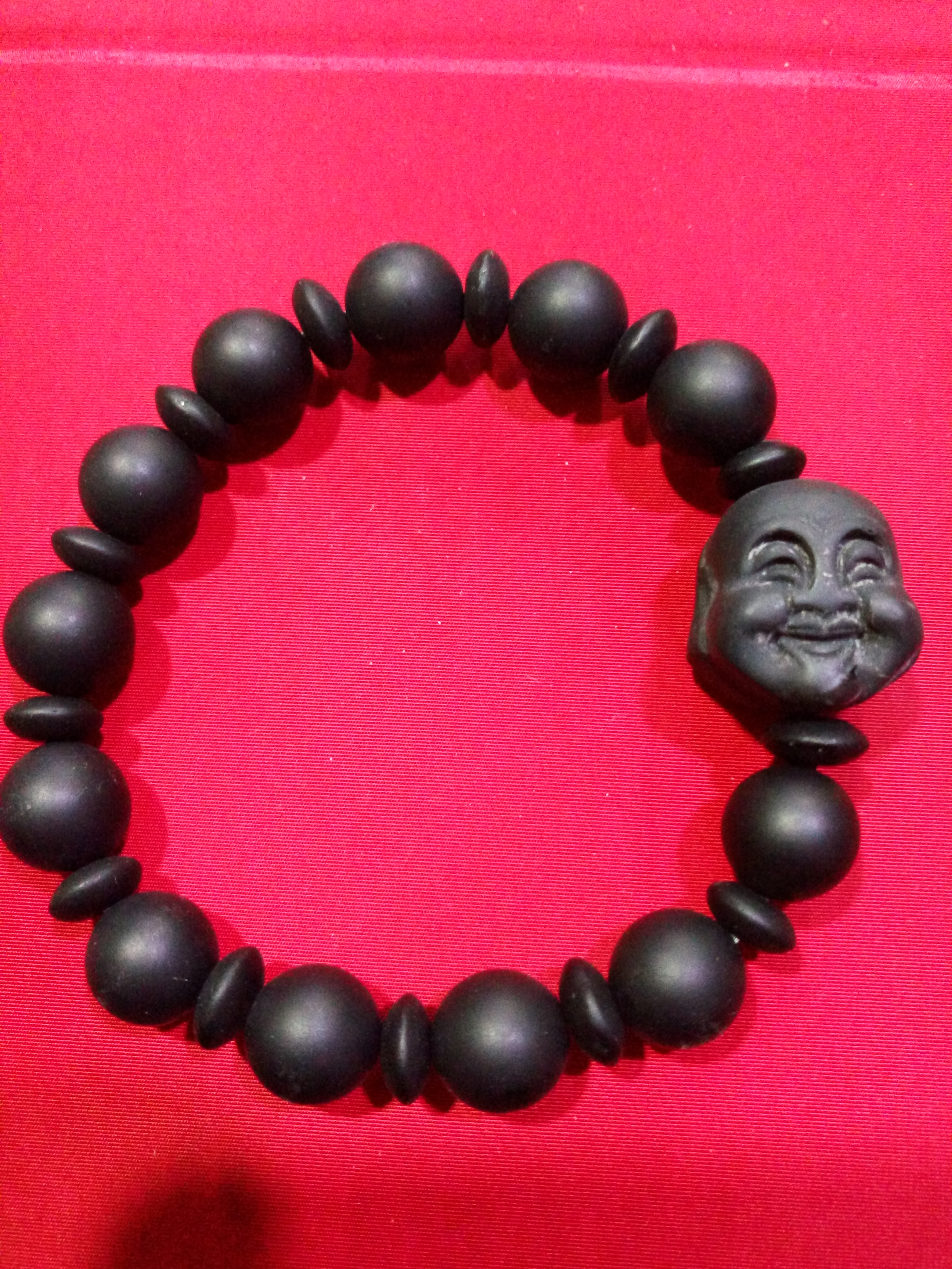 黑曜石手串,带一颗弥勒佛头,别