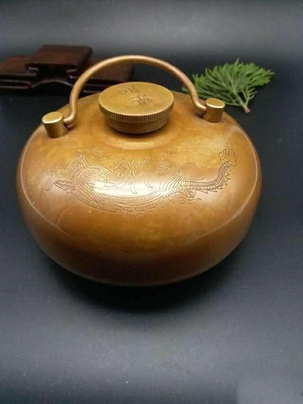 精品纯铜龙凤纹汤婆子暖手壶摆件手把件纯铜