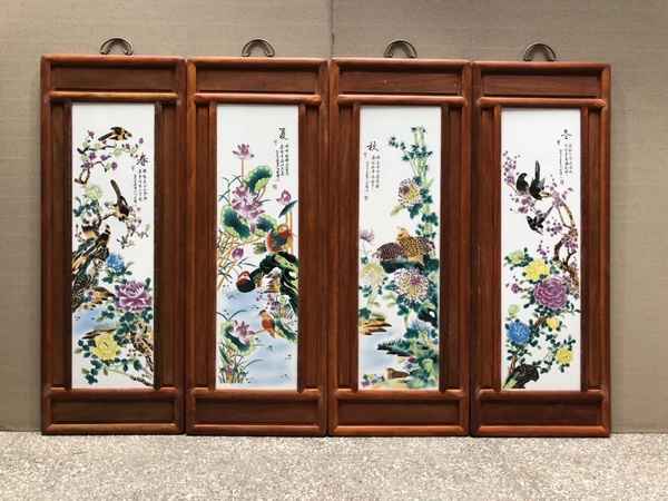 《刘雨岑》作品红木镶瓷板画春夏秋冬高97cm,宽3