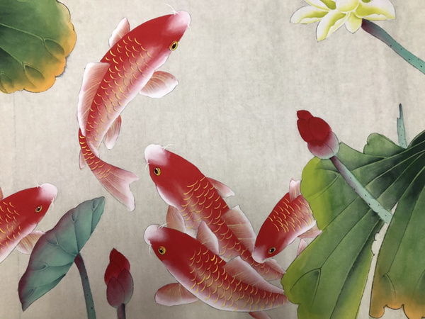 凌雪四尺工笔荷花锦鲤年年有余作品纯手工毛笔绘画