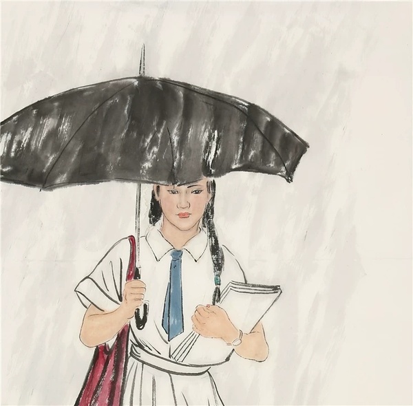 何家英字画三尺竖幅手绘撑伞美女国画赠合影收藏证书