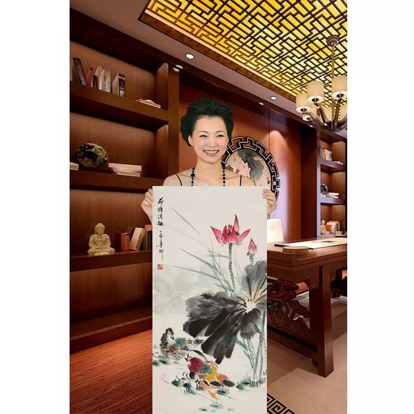 董卿池塘清趣手绘国画三尺竖幅赠画册作品作