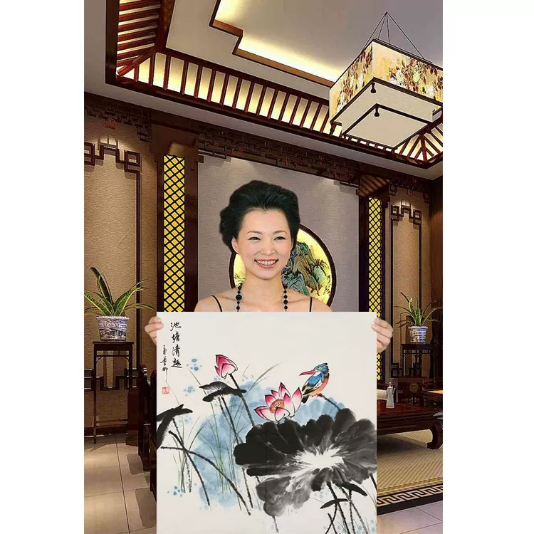 董卿池塘清趣手绘斗方国画荷花三尺竖幅赠画册