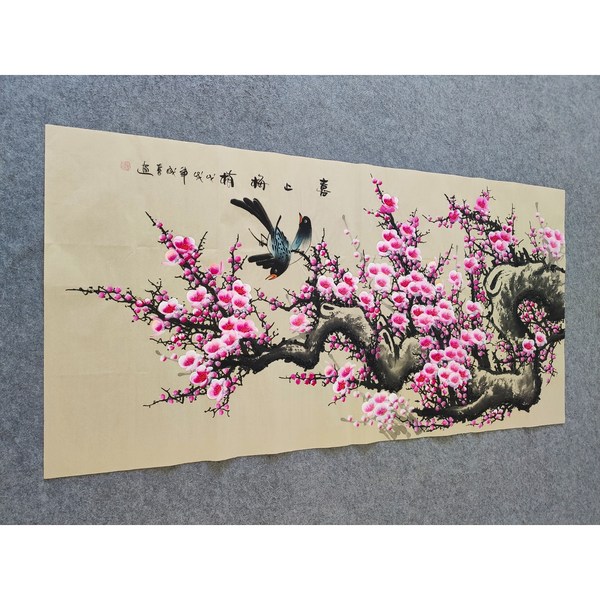 田成喜作品编号古粉喜鹊梅横尺寸137x69厘米