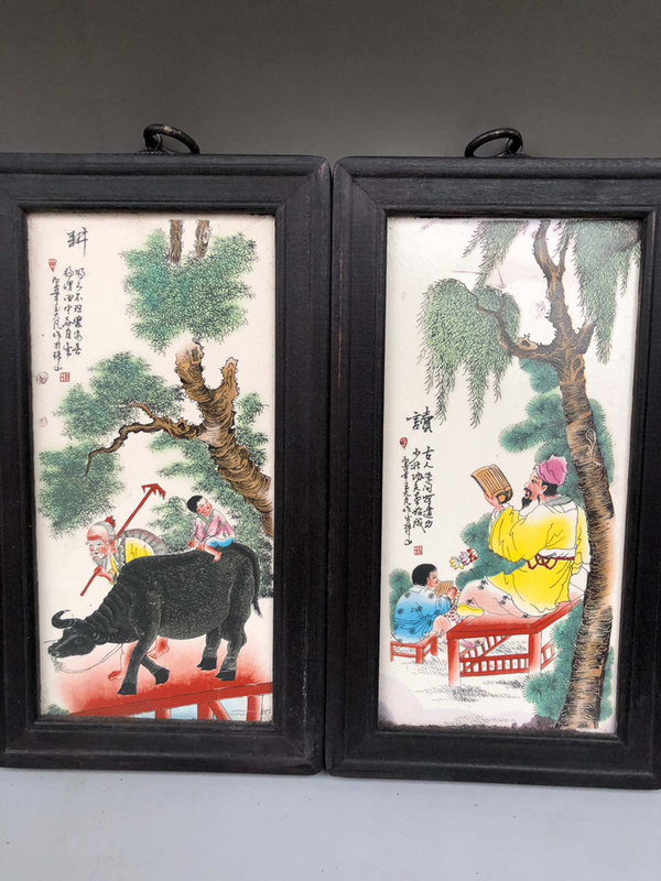 木镶瓷板渔樵耕读高28宽16