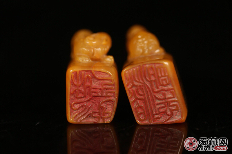 清,老田黄"梅兰芳"款子母瑞兽印章一对,-价格12000元-爱藏一口价-爱藏