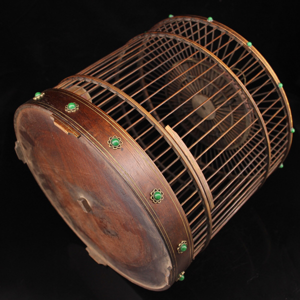 珍藏老纯手工打造镶嵌宝石木头鸟笼重980克高3