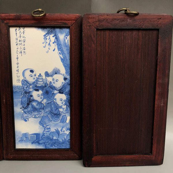 瓷板画青花童子闹春高28厘米宽16厘米单块