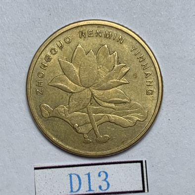 荷花五角错版币荷叶左侧多肉币,面值侧大5上下多肉