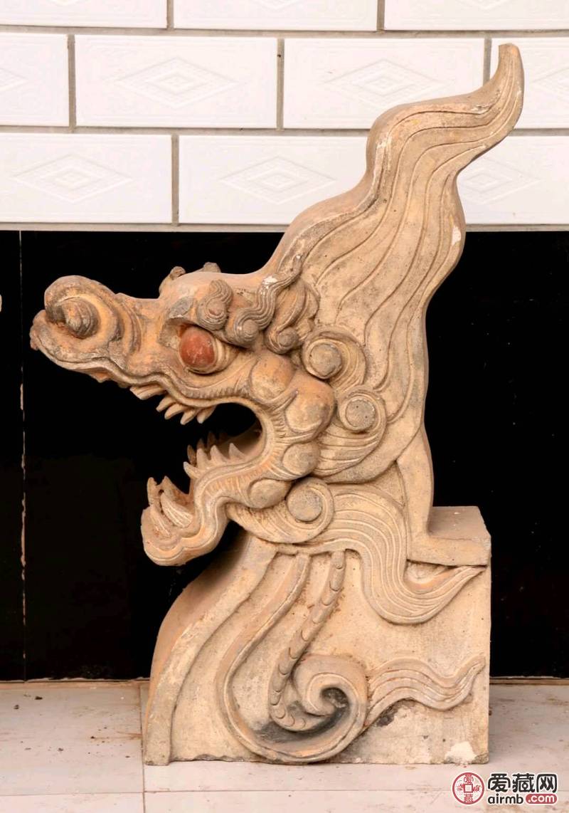 古代建筑吻兽 龙头一对,陶质