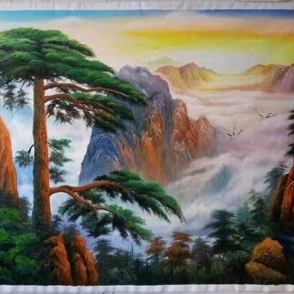 超大画孤品孤品纯手工油画迎客松刀画山水