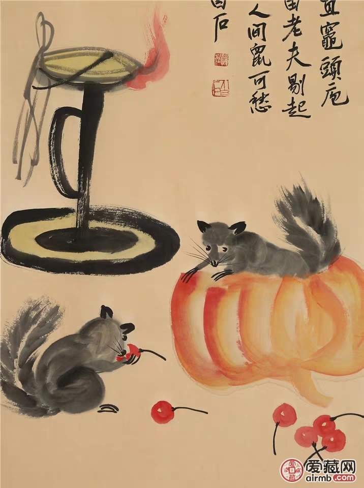 齐白石字画手绘三尺竖幅写意灯鼠