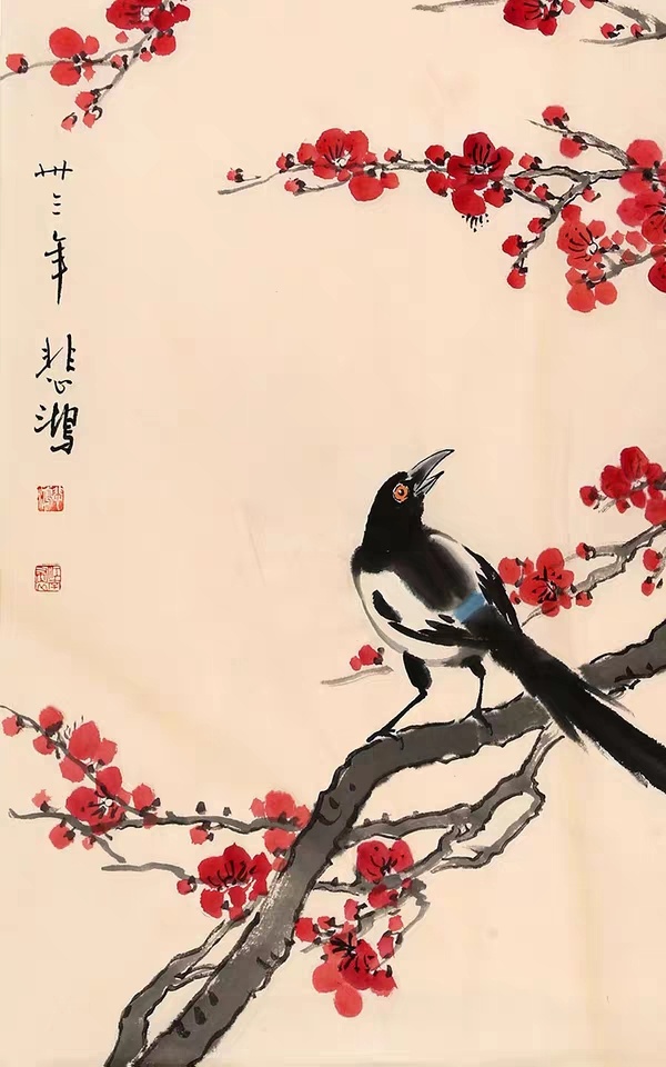 徐悲鸿手绘三尺条幅梅花喜鹊图名人字真假_图片_价格_评级-书画篆刻-