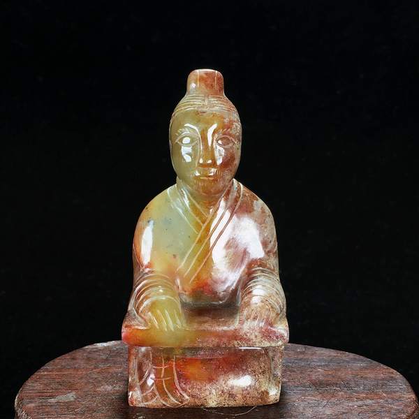 清老和田玉青白玉圆雕玉人摆件古玉老玉古玩长4