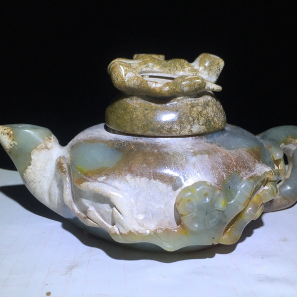 回流老玉壶明代和田玉手绘富贵花开把壶摆