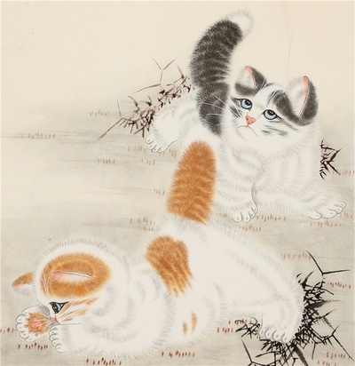 米春茂国画二尺竖幅手绘工笔精品猫趣图名人字画文玩装