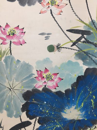 b334张大千荷花翠鸟四尺手绘作品尺寸2