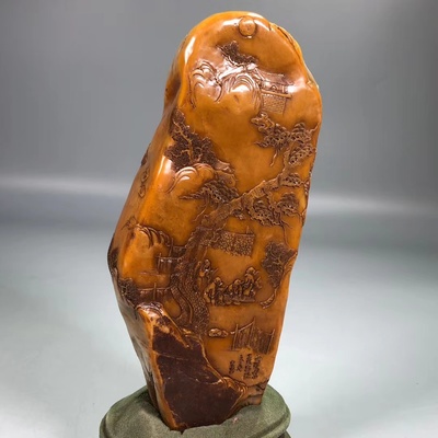 珍藏篆刻家吴咨作寿山石田黄薄意山水人物印章摆件,净