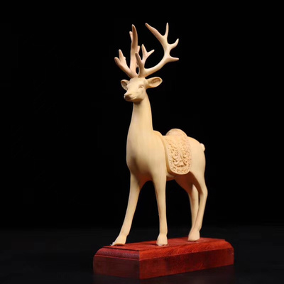 黄杨木雕梅花鹿摆件鹿中式客厅家居装饰实木手工艺品雕