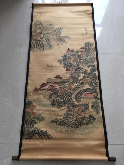 唐寅山水画已装裱字画n尺寸154x66cm