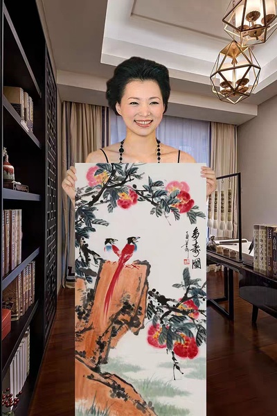 『董卿』名人字画手绘三尺条幅花鸟多寿图居家装饰名