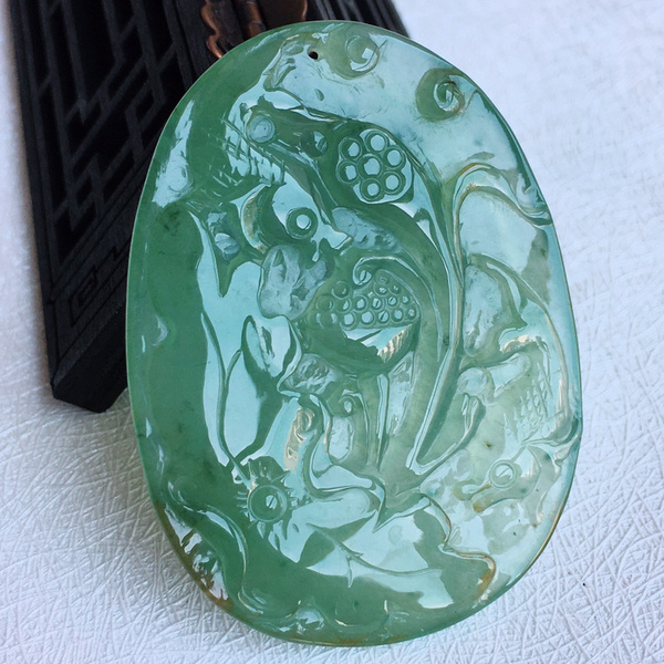 冰透荷花鱼玉坠天然翡翠货尺寸564