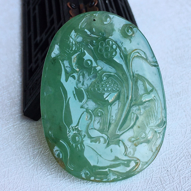 冰透荷花鱼玉坠天然翡翠货尺寸564