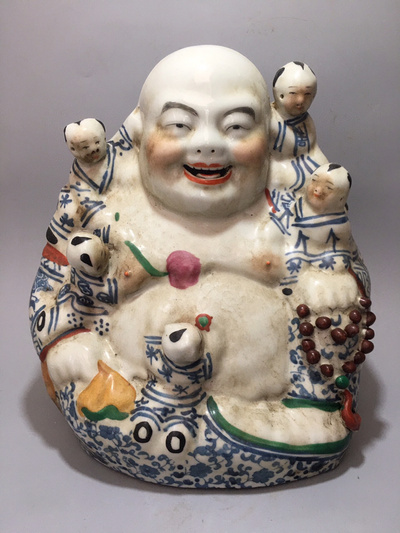 早年收藏青花瓷 送子弥勒佛摆件 手绘 老货 清代老