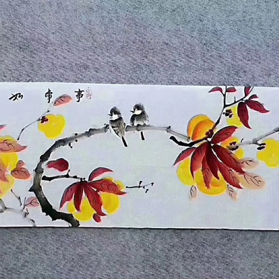 河南省美术家协会会员黄文娟老师四尺对开花鸟画《事事