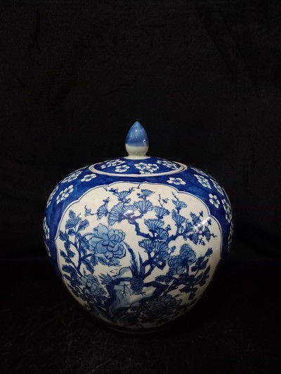 青花冰梅开窗花鸟纹冬瓜罐