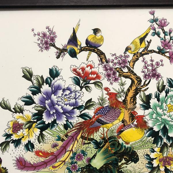 红木瓷板画挂屏牡丹双凤图高29宽37