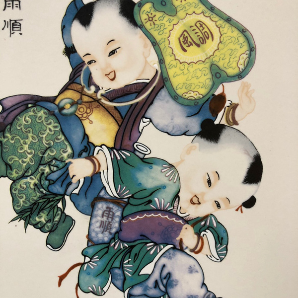 红木瓷板画挂屏风调雨顺高37宽29