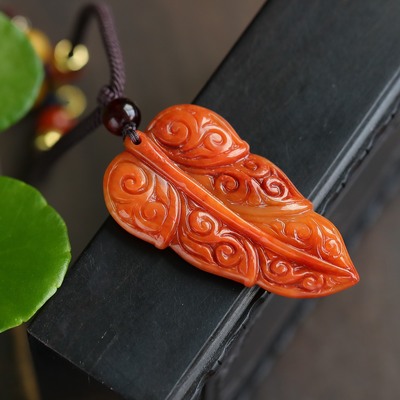 「福禄」精美a货翡翠红翡雕刻树叶金枝玉叶复古坠原