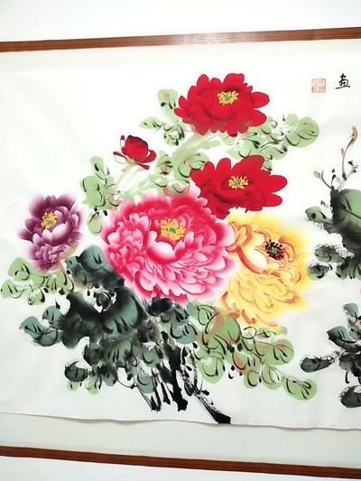 《富贵花开》138厘米*69厘米,马桂芳:山东菏泽人,当代*女画家,特长
